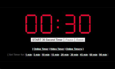 2 minute 30 second timer - Talking Clock Our Talking Clock is great for keeping track of the time! Video Timers A Clock or Countdown with a video background. Great to Relax or Sleep! Timer Set a Timer from 1 second to over a year! Big screen countdown. A 30 Minutes Timer. Use this timer to easily time 30 Minutes. 